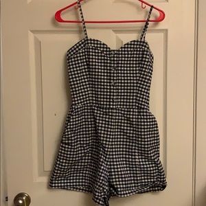 blue and white plaid romper